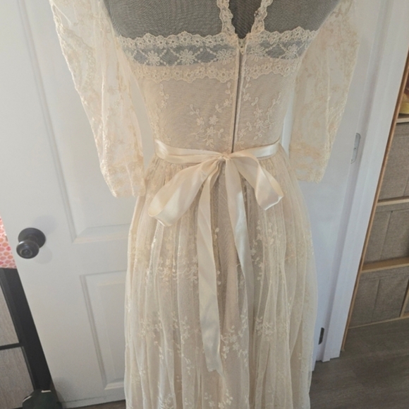 Vintage 1980s ILGWU Champagne Floral Lace High Neck Sheer Dress, SIZE S - Picture 10 of 16